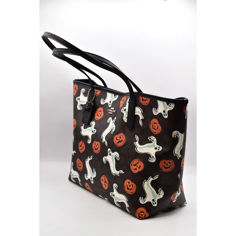 Coach City Tote Bag In Signature Canvas With Halloween Print Pumpkin Ghost NWT